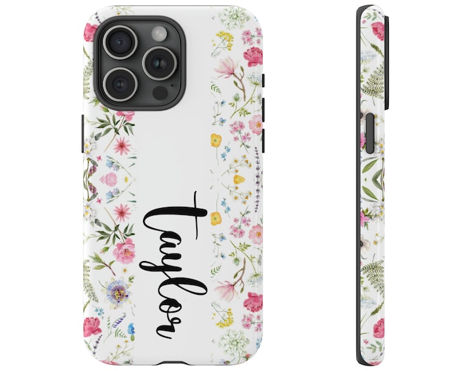 Personalized Floral Phone Case iPhone 15 14 13, Samsung Galaxy, Google Pixel Floral custom name initials phone silicone cover Christmas gift