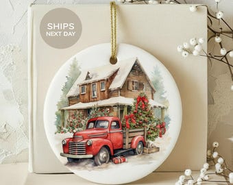 Vintage Red Truck Christmas Ornament, Rustic Farmhouse Cabin Tree Decor, Nostalgic Country Holiday Keepsake, Winter Watercolor Gift