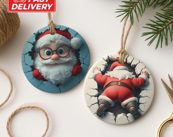 Santa Ornament, Dual Sided Ornament, Breaking Wall Decor, Santa Claus Gift, Christmas Tree Decoration, Holiday Ornament