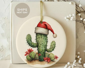 Cactus Christmas Ornament, Southwestern Holiday Decor, Desert Santa Hat Ceramic Bauble, Western Xmas Tree Decor, Plant Lover Gift