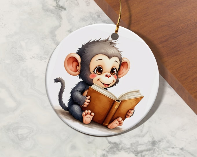 Adorable Baby Monkey Reading a Book Artwork Ornaments, Christmas Ornament Gift For Son & Daughter, Animal lovers Gift For The Family Friends