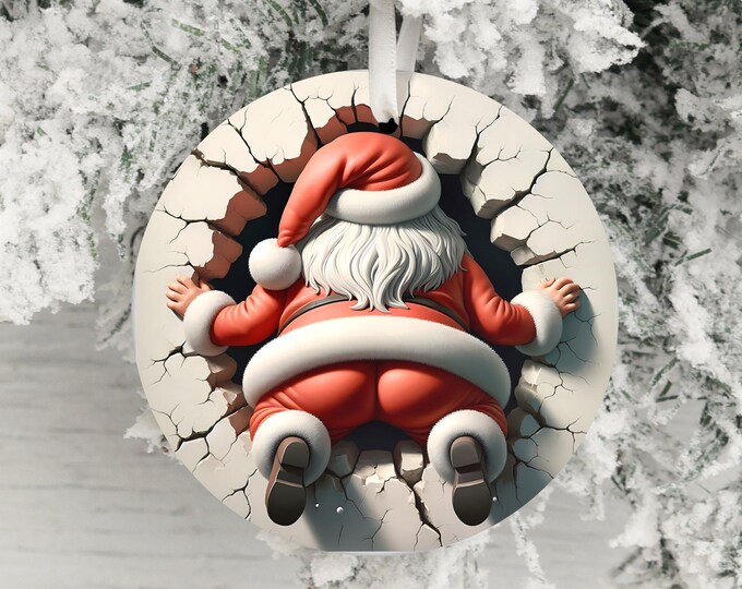 Dual-Sided Santa Claus Ornament, Funny Christmas Decor, Unique Holiday Decoration, Santa in Wall, Humorous Xmas Ornament Gift Idea