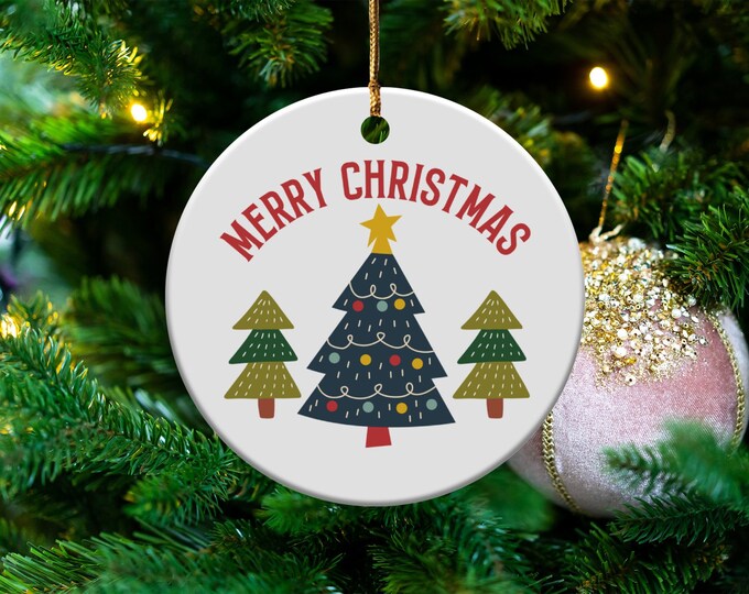 Merry Christmas Ornament, Holiday Tree Decoration, Festive Xmas Tree Decor, Christmas Tree with Stars, Holiday Season Ornament, Winter