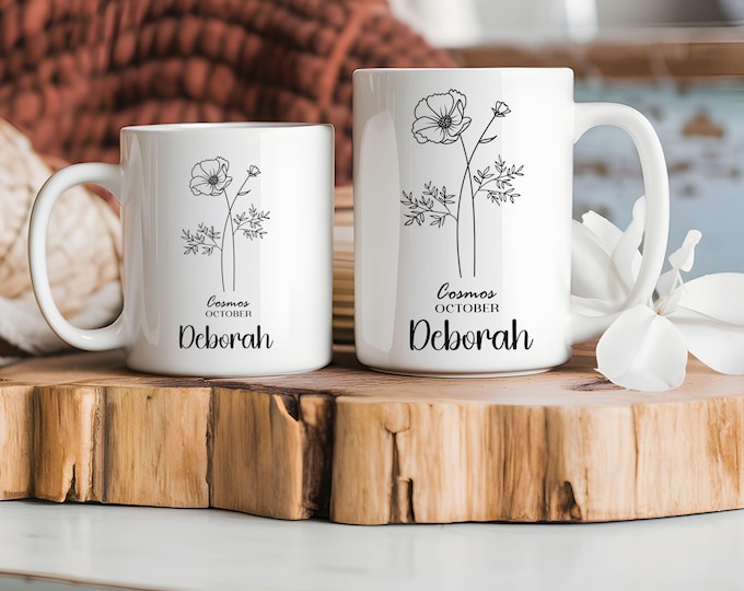 Custom Birth Month Flower and Name White Mugs, Personalized Flower Mugs, Birthday Gift Mugs, Unique Floral Coffee Cups
