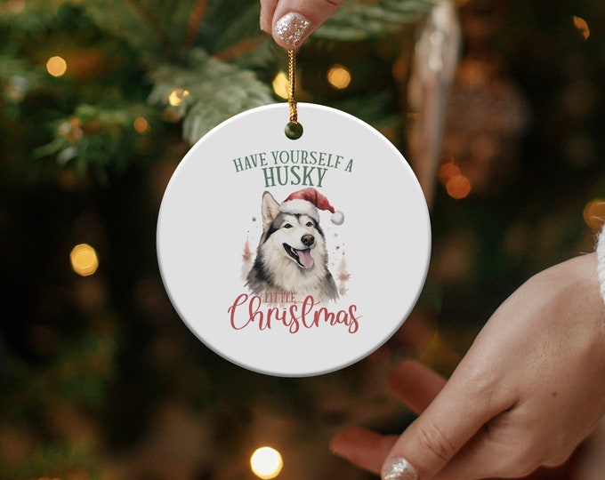 Cute Husky Christmas Ornament, Pet Lover Christmas Decor, Dog Lover Holiday Decoration, Husky Dog in Santa Hat, Charming Winter Ornament