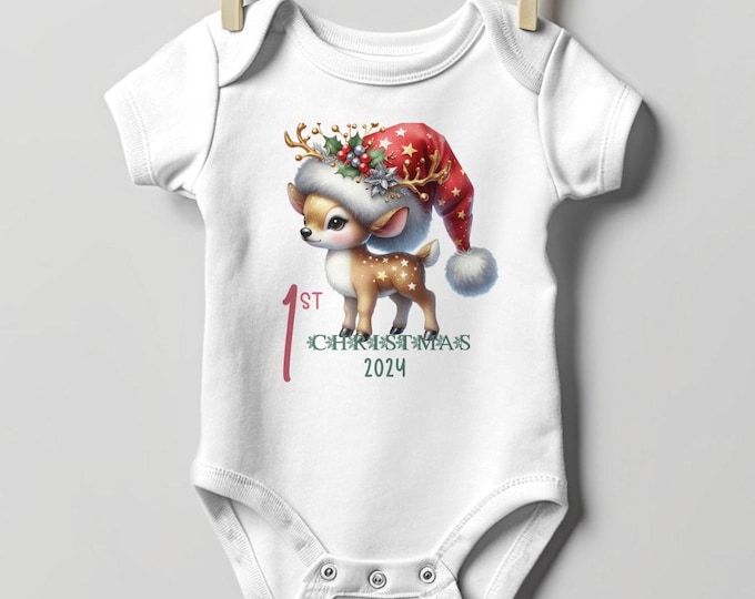 Baby's First Christmas Bodysuit 2024, Custom Baby Keepsake, Personalized Xmas Bodysuit, Deer Lovers Christmas Bodysuit With Santa Hat