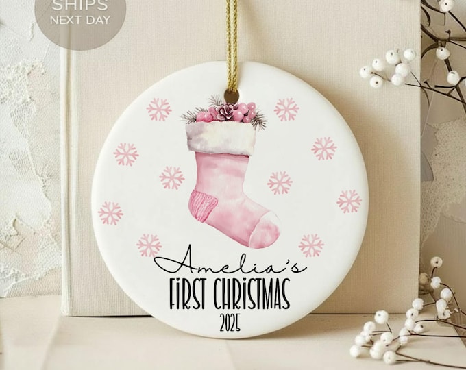 Personalized Baby First Christmas Ornament, Pink Stocking Ornament, Snowflake Ornament, 2024 Christmas Ornament, Keepsake Ornament
