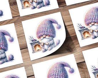 Cute Gnome Sticker, Knitting Gnome Printable, Cozy Winter Stickers, Handmade Gnome Art, Fireplace Decor, Knitting Lover Gift