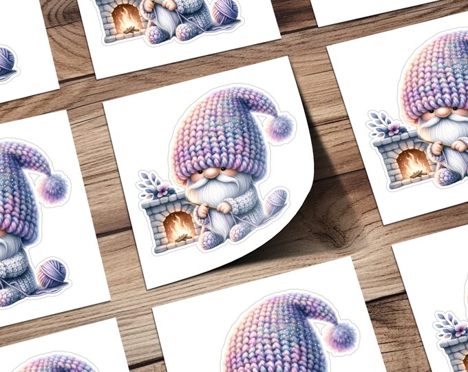Knitting Gnome Sticker: Cozy Winter Fireplace Art