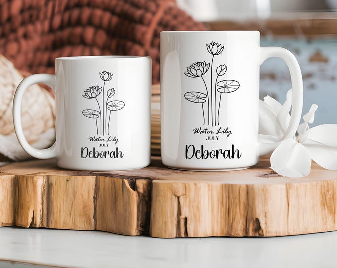 Custom Birth July Month Flower and Name White Mugs, Personalized Floral Coffee Mug, Unique Gift for Her Birthday, Custom Name Present