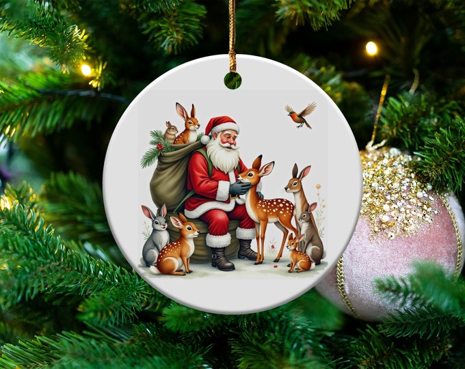 Santa with Woodland Creatures Ornament, Christmas Home Decor, Festive Santa Claus Decoration, Holiday Tree Ornament Gift