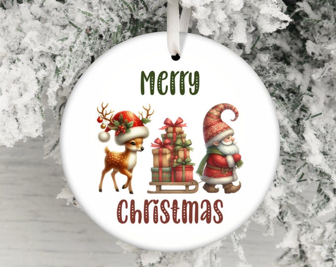 Christmas Ornament, Santa and Reindeer Decor, Holiday Decoration, Winter Wonderland Ornament, Festive Home Decor, Xmas Gift Idea