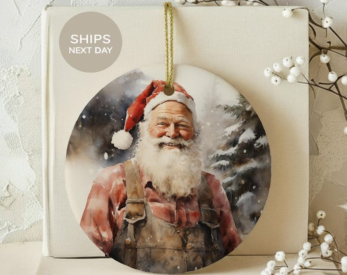 Rustic Santa Claus Ornament, Farmhouse Christmas Tree Decor, Vintage Watercolor Santa Keepsake, Country Holiday Gift For Grandpa
