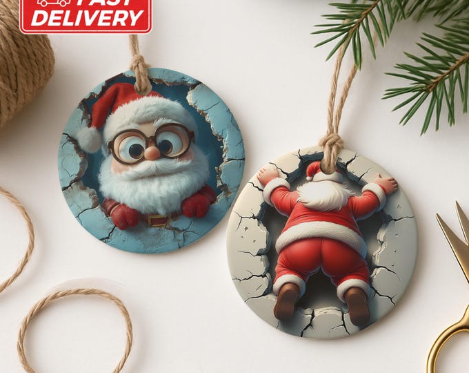 Funny Santa Ornament, Stuck Santa, Christmas Ornament, Dual Sided Ornament, Holiday Decor, Unique Ornament, Santa Decoration, Xmas Gift