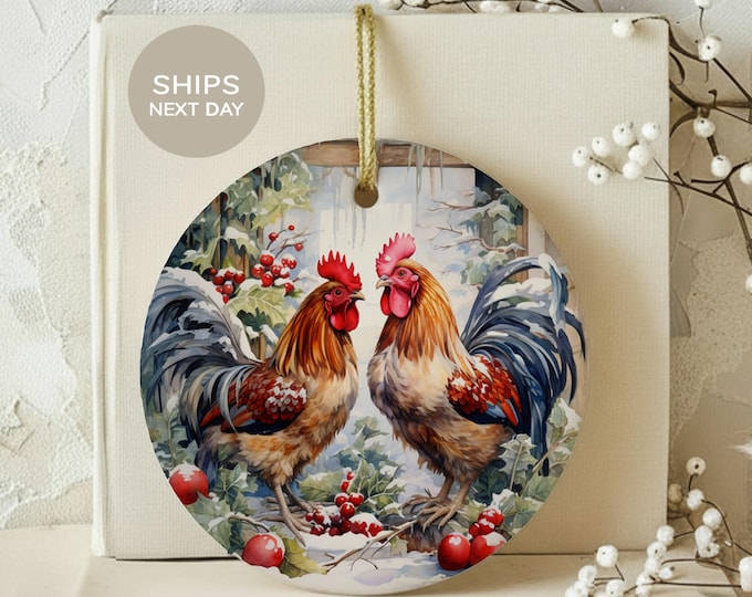 Rooster Christmas Ornament Rustic Farmhouse Tree Decor, Winter Chicken Ceramic Keepsake, Country Holiday Gift for Farm & Chicken Lovers