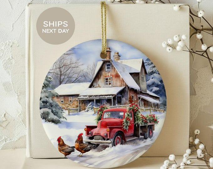 Vintage Red Truck Ornament, Rustic Farmhouse Christmas Decor, Country Winter Barn Chicken Holiday Keepsake, Cozy Farm Xmas Gift