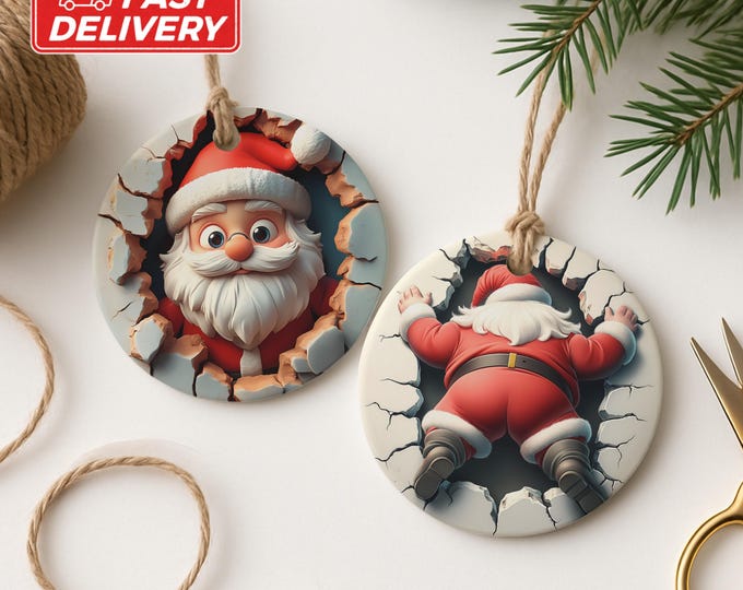 Santa Ornament, Breaking Through, Dual-Sided, Christmas Decor, Funny Holiday, Unique Ornament, Festive Gift, Xmas Tree Ornament