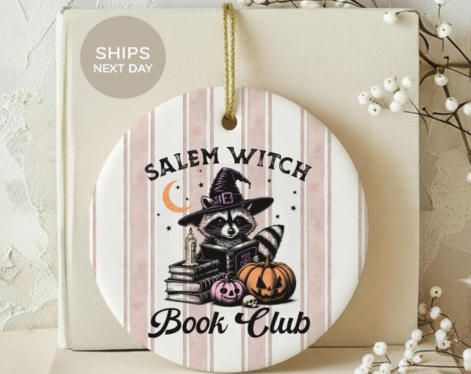 Salem Witch Book Club Ornament, Feral Raccoon Witchy Bookish Decor, Spooky Reader Holiday Tree Ornament, Cute Trash Panda Halloween Gift