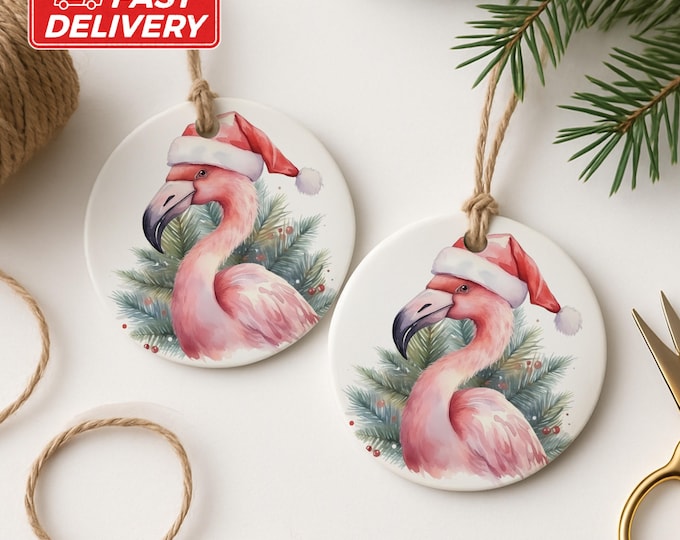 Flamingo Christmas Ornament, Tropical Holiday Decor, Santa Hat Ornament, Bird Ornament, Xmas Tree Decoration
