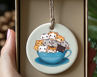 Cats in Teacup Ornament, Cute Kitten Ornament, Cat Lover Gift, Unique Ornament, Teacup Art, Kawaii Cats, Cat Gift, Holiday Ornament