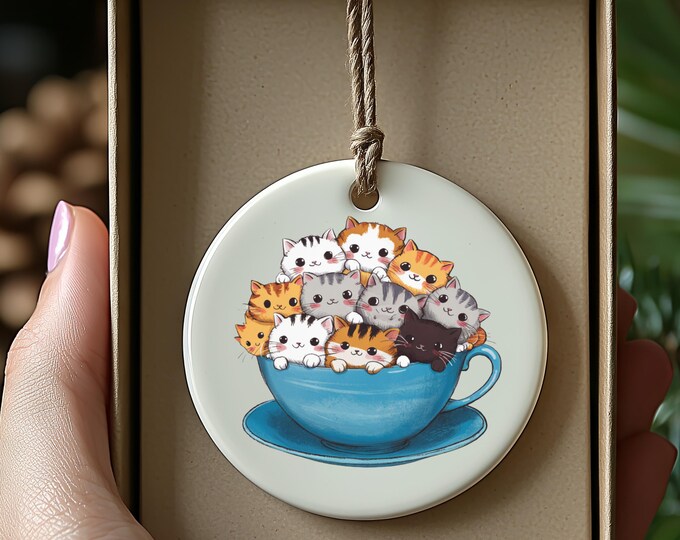 Cats in Teacup Ornament, Cute Kitten Ornament, Cat Lover Gift, Unique Ornament, Teacup Art, Kawaii Cats, Cat Gift, Holiday Ornament