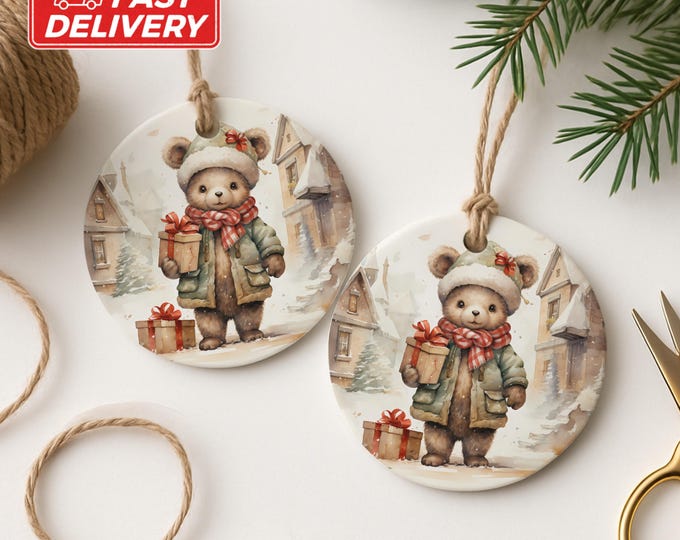 Christmas Bear Ornament, Winter Holiday Decor, Gift Giving Bear, Festive Christmas Gift, Watercolor Bear Ornament