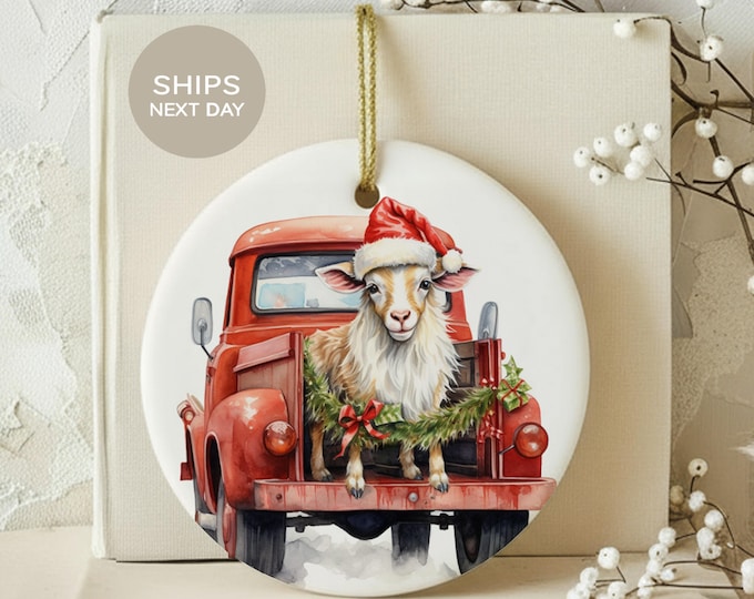 Christmas Goat Ornament, Vintage Red Truck Farmhouse Holiday Tree Decor, Cute Country Farm Animal Lover Gift, Rustic Xmas Keepsake