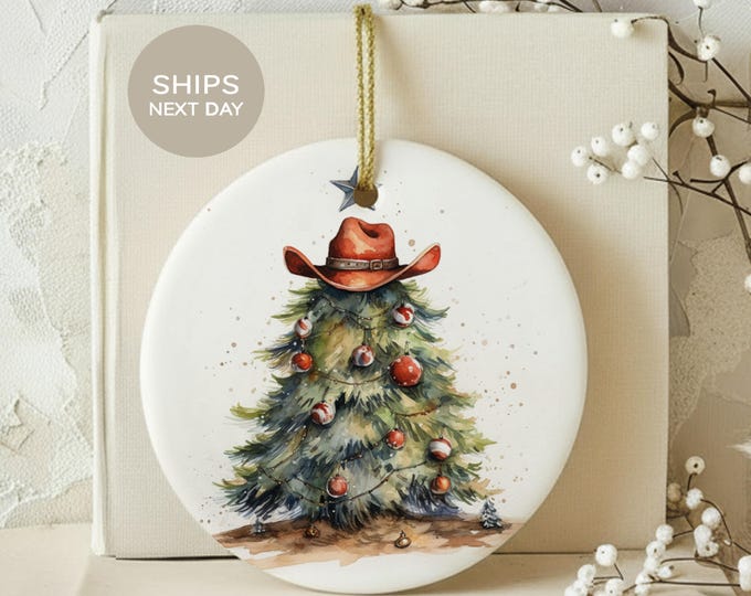 Western Christmas Tree Ornament, Watercolor Country Cowboy Hat Holiday Bauble, Rustic Farmhouse Tree Decor, Cute Southwestern Xmas Gift