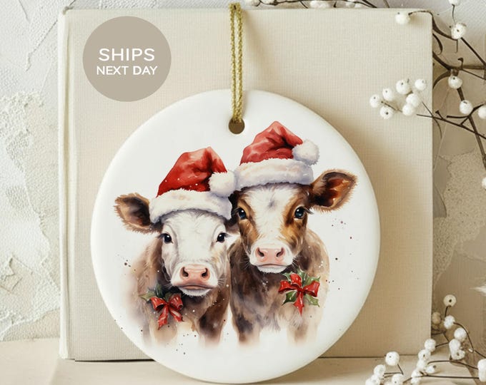 Christmas Cow Ornament, Cute Baby Calf Farmhouse Holiday Decor, Rustic Farm Animal Xmas Tree Bauble, Country Christmas Gift for Cow Lovers