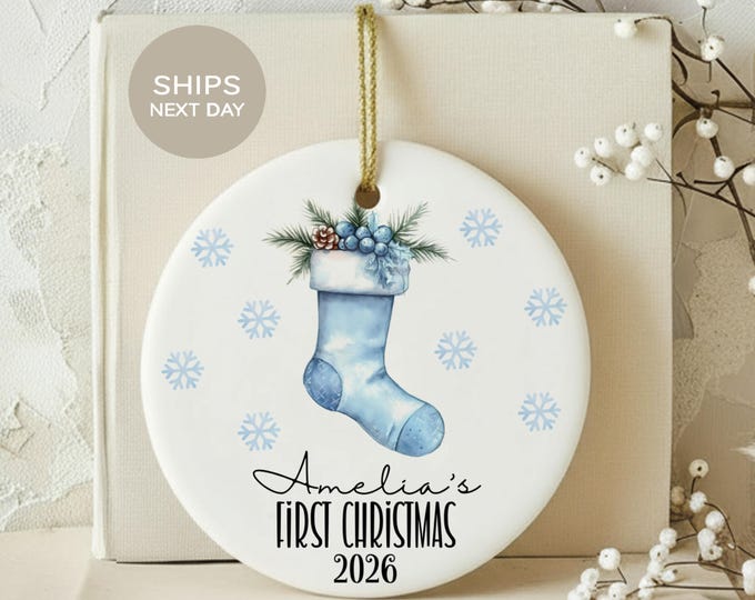 Baby First Christmas Ornament, Custom Name Blue Stocking Keepsake, Personalized First Christmas Tree Decor, Cute Newborn Holiday Keepsake