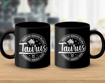 Zodiac Taurus Mug, Black Coffee Cup, Astrology Gift, Persistent Dedicated Reliable, Earth Sign, Office Mug, Birthday Present