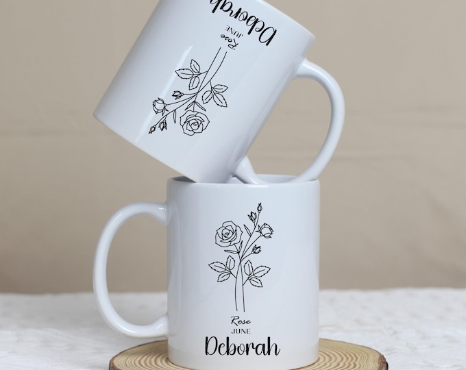 Custom Birth June Month Flower and Name White Mugs, Personalized Floral Coffee Cup, Birthday Gift for Her, Unique Flower Mug for Women