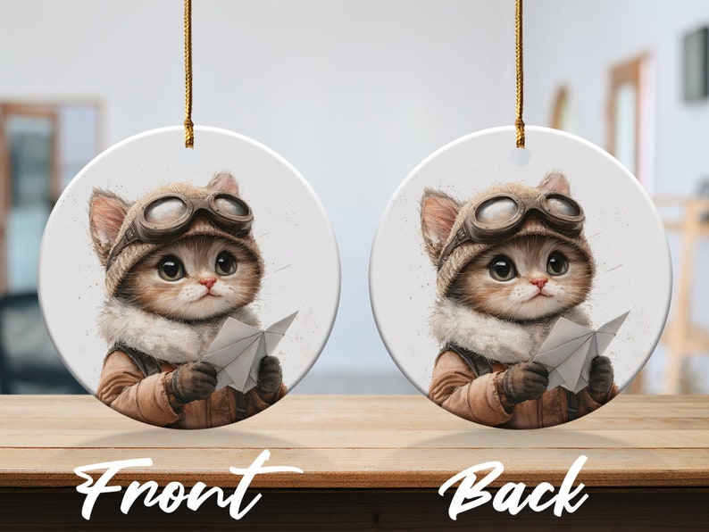 Adorable Aviator Cat Holding Paper Airplane Ornaments, Christmas