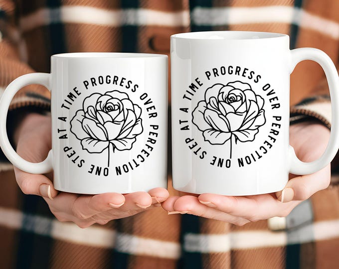 One Step At A Time Progress Over Perfection Mug, Inspirational Mental Health Mug, Motivational Flower Coffee Tea Cup Gift