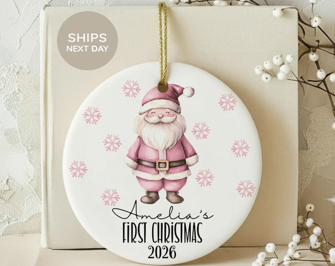 Baby Girl First Christmas Ornament, Personalized Pink Santa Christmas Keepsake, Custom Name Baby First Xmas Round Ornament Gift