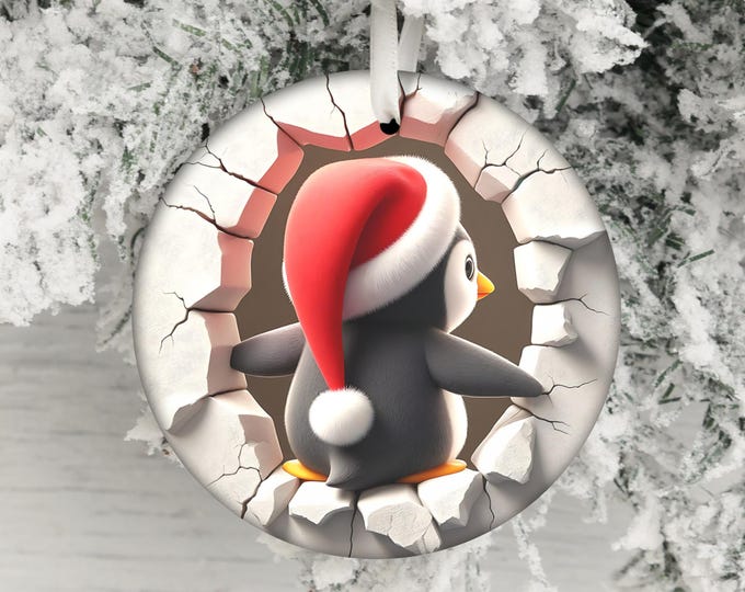 Dual-Sided 3D Effect Christmas Penguin Ornament, Cute Penguin with Santa Hat, Holiday Decor, Winter Decoration, Penguin Christmas Gift
