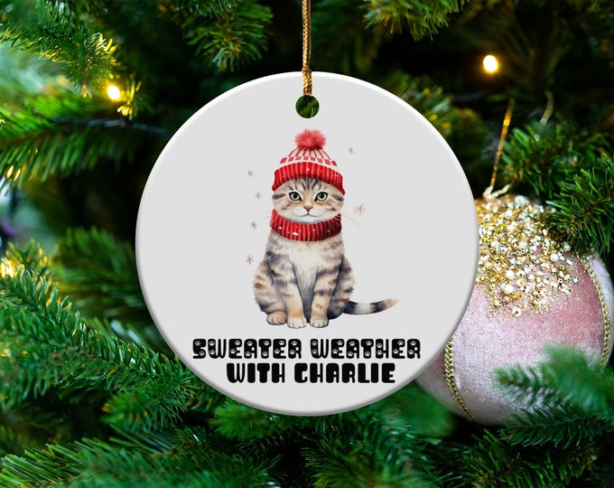 Sweater Weather Custom Pet Name Ornament Cute Cat in Winter Hat Personalized Pet Christmas Tree Decoration Holiday Pet Gift