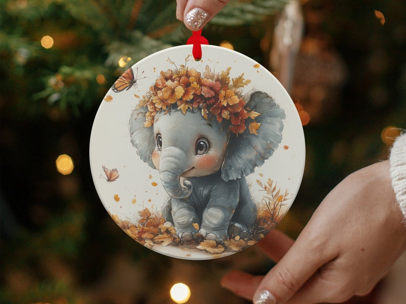 Cute Baby Elephant With Flowers and Butterflies Ornaments, Christmas
