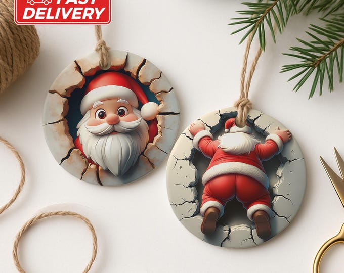 Dual Sided Santa Ornament, Crashing Through Wall, Funny Christmas Ornament, Unique Holiday Decor, Festive Celebration, Santa Claus Gift