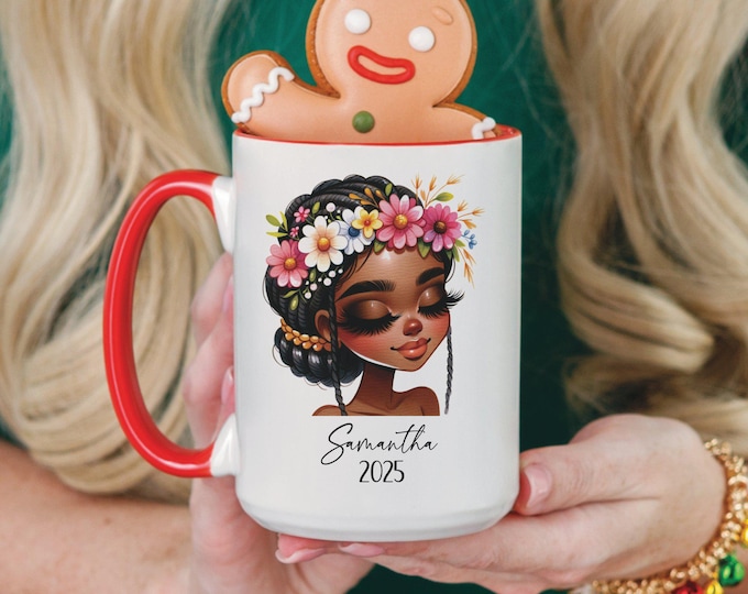 11, 15 oz African American Girly Aesthetic Mug Trendy Floral Design Preppy Pink Floral Design, For Black Queen and Black Woman, Custom Name
