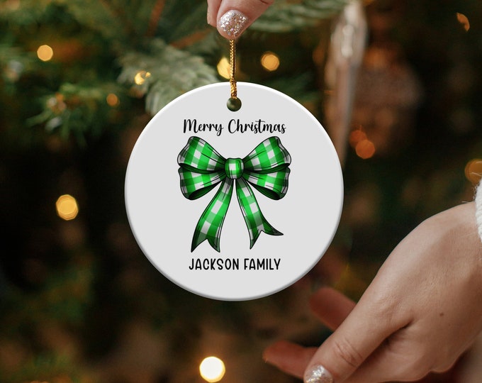 Custom Coquette Family Christmas Ornament, Personalized Green Bow Christmas Ornament, Holiday Keepsake, Unique Family Gift Decoration