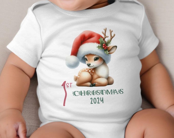 Baby's First Christmas Bodysuit 2024, Custom Baby Keepsake, Personalized Xmas Bodysuit, Deer Lovers Christmas Bodysuit With Santa Hat