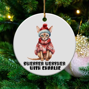 Sweater Weather with Custom Pet Name Ornament, Holiday Cat Ornament, Personalized Cat Lover Gift, Cute Cat Christmas Decoration