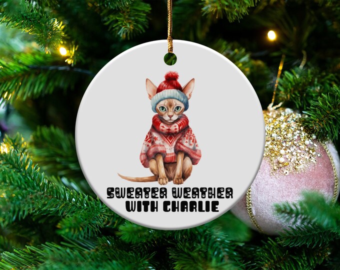 Sweater Weather with Custom Pet Name Ornament, Holiday Cat Ornament, Personalized Cat Lover Gift, Cute Cat Christmas Decoration