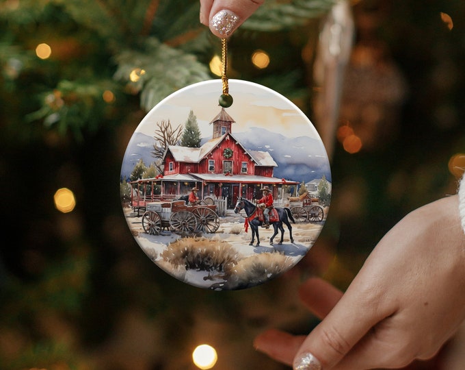 Christmas Ornament Vintage Festive Holiday Scene with Horse and Wagon, Keepsake Ornament Gift The Family