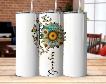 Grandma Sunflower And Butterflies Pattern 20oz Skinny Tumbler Wrap Sublimation Design, Straight and Tapered Wrap, Mom Gift for Mothers