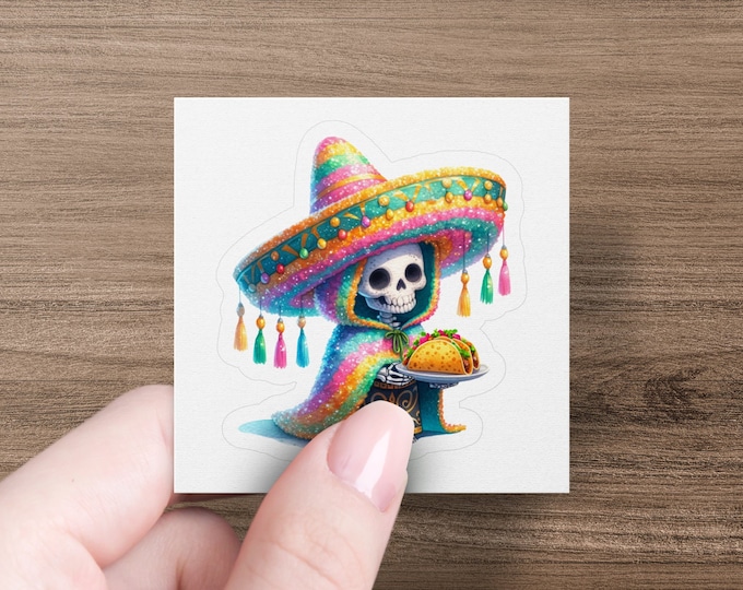 Colorful Skeleton Sticker, Cute Day of the Dead Sticker, Mexican Fiesta Sticker, Rainbow Skeleton with Sombrero Sticker, Fun Taco Sticker