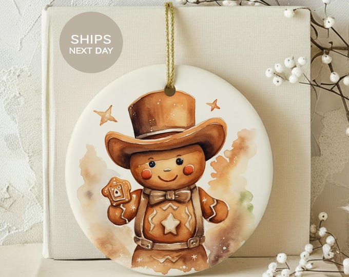 Gingerbread Cowboy Ornament, Western Christmas Tree Decor, Cute Country Holiday Bauble, Rustic Ceramic Gift for Cowgirl and Western Lovers