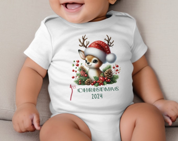 Baby's First Christmas Bodysuit 2024, Custom Baby Keepsake, Personalized Xmas Bodysuit, Deer Lovers Christmas Bodysuit With Santa Hat
