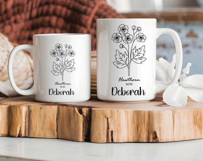 Custom Birth Month Flower and Name White Mugs, Personalized Coffee Cup, Gift for Her, Botanical Design, Customizable Floral Mug